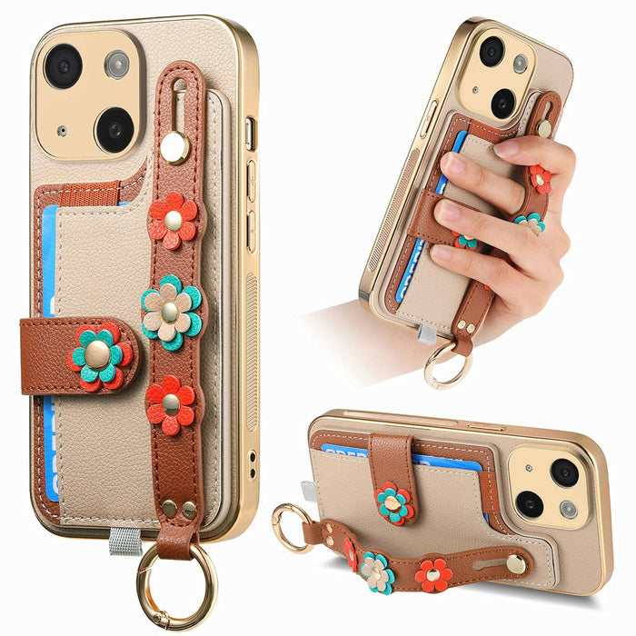 For Iphone 15 Stereoscopic Flowers Wristband Card Bag Phone Case