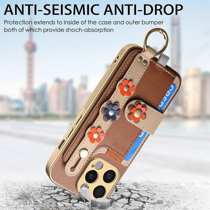 For Iphone 15 Stereoscopic Flowers Wristband Card Bag Phone Case