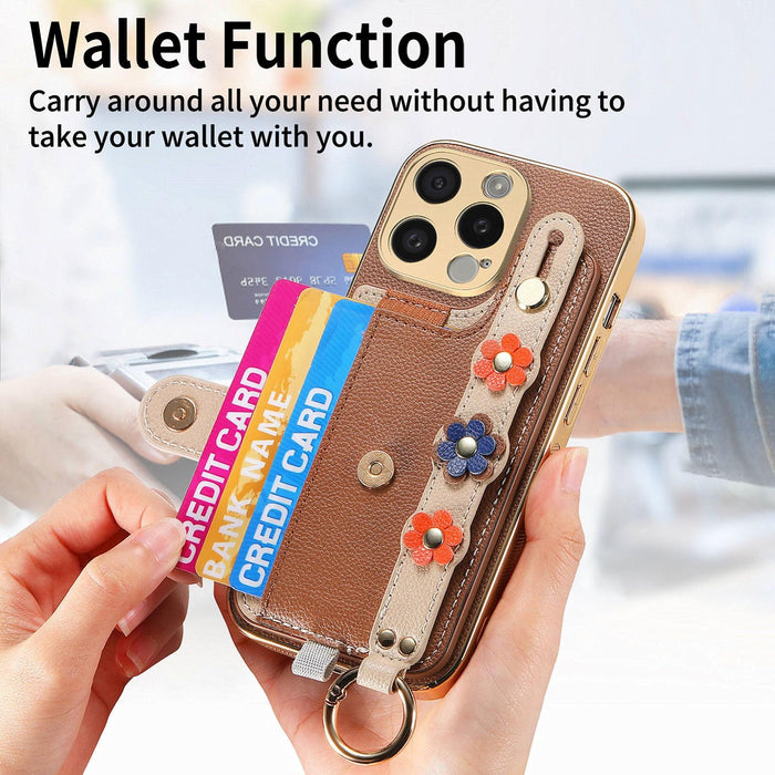 For Iphone 15 Stereoscopic Flowers Wristband Card Bag Phone Case