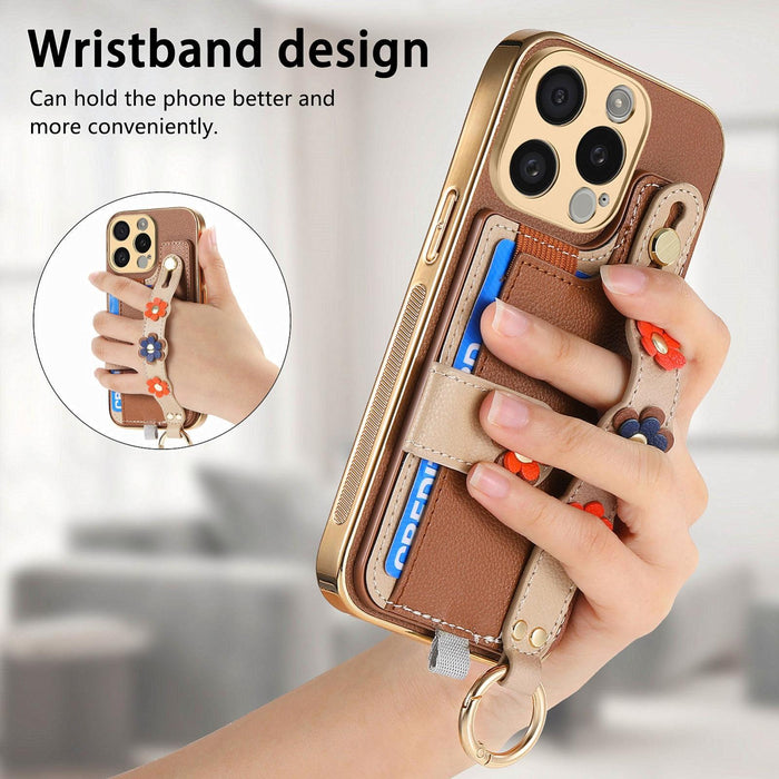 For Iphone 15 Stereoscopic Flowers Wristband Card Bag Phone Case