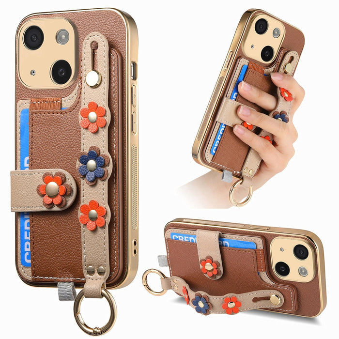 For Iphone 15 Stereoscopic Flowers Wristband Card Bag Phone Case