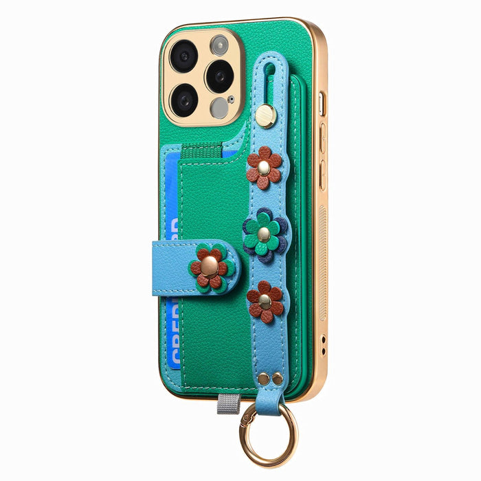 For Iphone 15 Stereoscopic Flowers Wristband Card Bag Phone Case