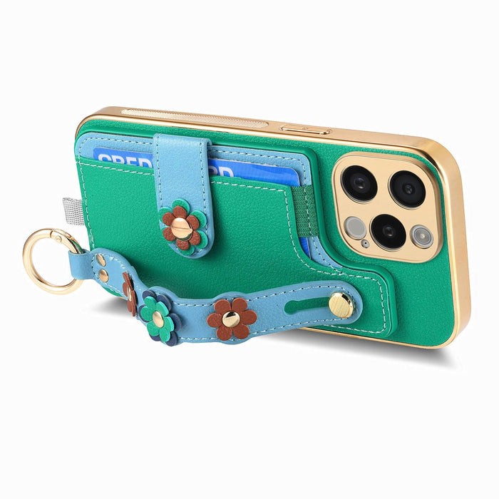 For Iphone 15 Stereoscopic Flowers Wristband Card Bag Phone Case