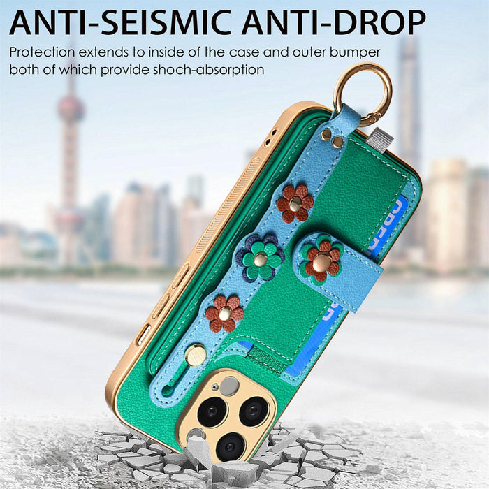 For Iphone 15 Stereoscopic Flowers Wristband Card Bag Phone Case