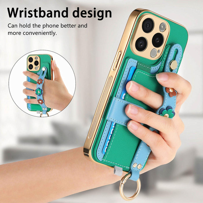 For Iphone 15 Stereoscopic Flowers Wristband Card Bag Phone Case