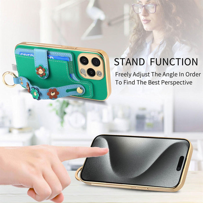 For Iphone 15 Stereoscopic Flowers Wristband Card Bag Phone Case