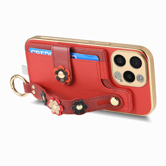 For Iphone 15 Stereoscopic Flowers Wristband Card Bag Phone Case