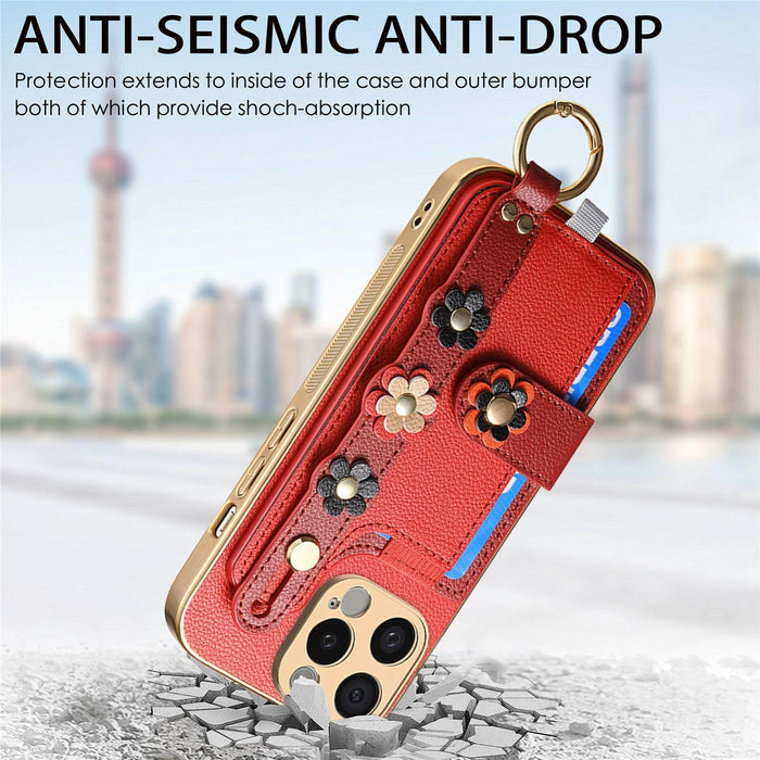 For Iphone 15 Stereoscopic Flowers Wristband Card Bag Phone Case