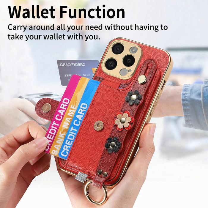 For Iphone 15 Stereoscopic Flowers Wristband Card Bag Phone Case