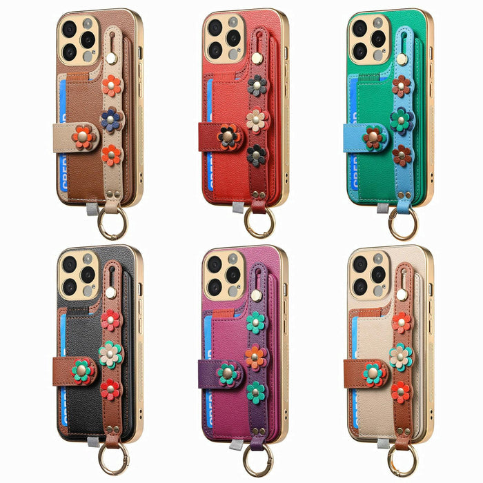 For Iphone 15 Stereoscopic Flowers Wristband Card Bag Phone Case