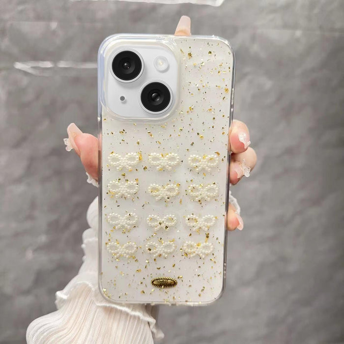 For Iphone 15 Gold Foil Pearl Bow Tpu Phone Case