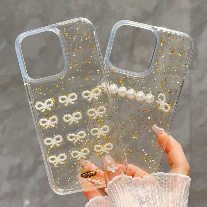 For Iphone 15 Gold Foil Pearl Bow Tpu Phone Case