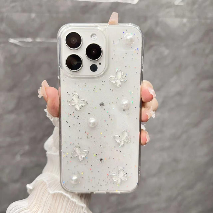 For Iphone 15 Glitter Pearl Butterfly Tpu Phone Case Pearl Butterfly