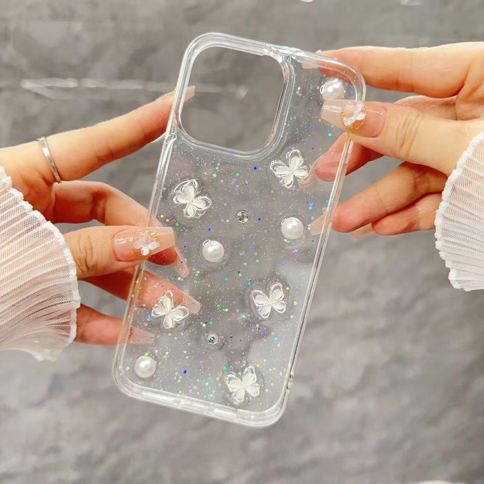 For Iphone 15 Glitter Pearl Butterfly Tpu Phone Case Pearl Butterfly