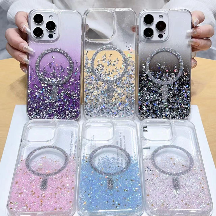 For Iphone 15 Gradient Glitter Magsafe Pc Hybrid Tpu Phone Case
