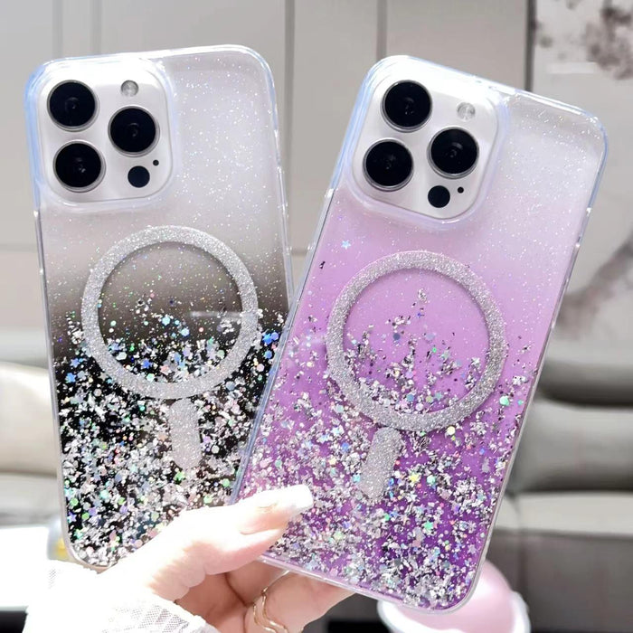 For Iphone 15 Gradient Glitter Magsafe Pc Hybrid Tpu Phone Case