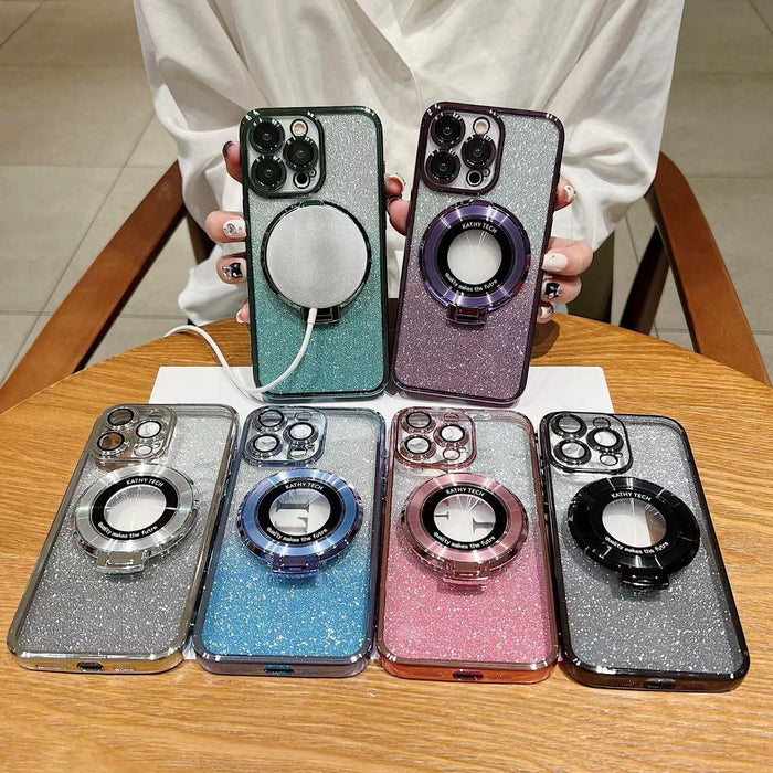 For Iphone 15 Electroplated Holder Gradient Glitter Magsafe Phone Case