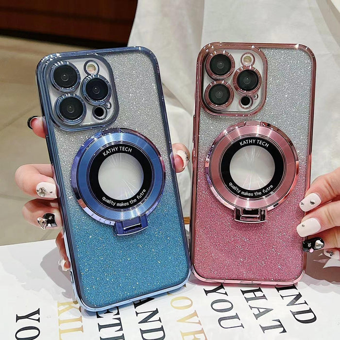 For Iphone 15 Electroplated Holder Gradient Glitter Magsafe Phone Case