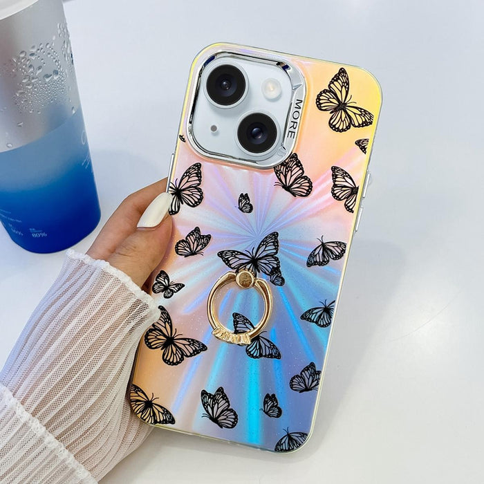 For Iphone 15 Electroplating Laser Butterfly Ring Holder Phone Case
