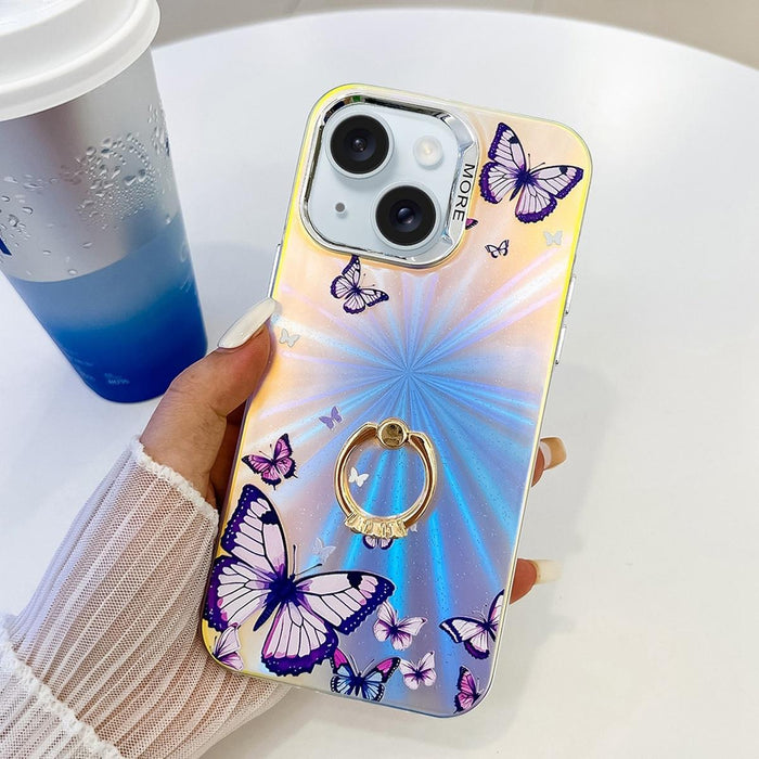 For Iphone 15 Electroplating Laser Butterfly Ring Holder Phone Case