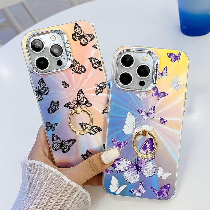 For Iphone 15 Electroplating Laser Butterfly Ring Holder Phone Case