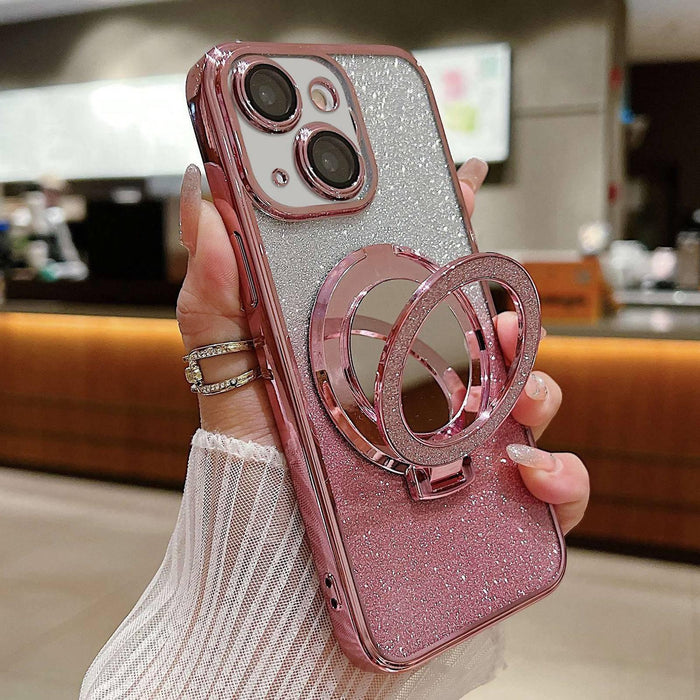 For Iphone 15 Plated Mirror Holder Gradient Glitter Magsafe Phone Case