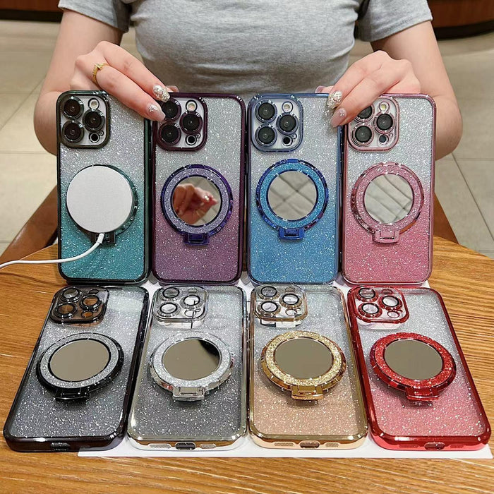 For Iphone 15 Plated Mirror Holder Gradient Glitter Magsafe Phone Case