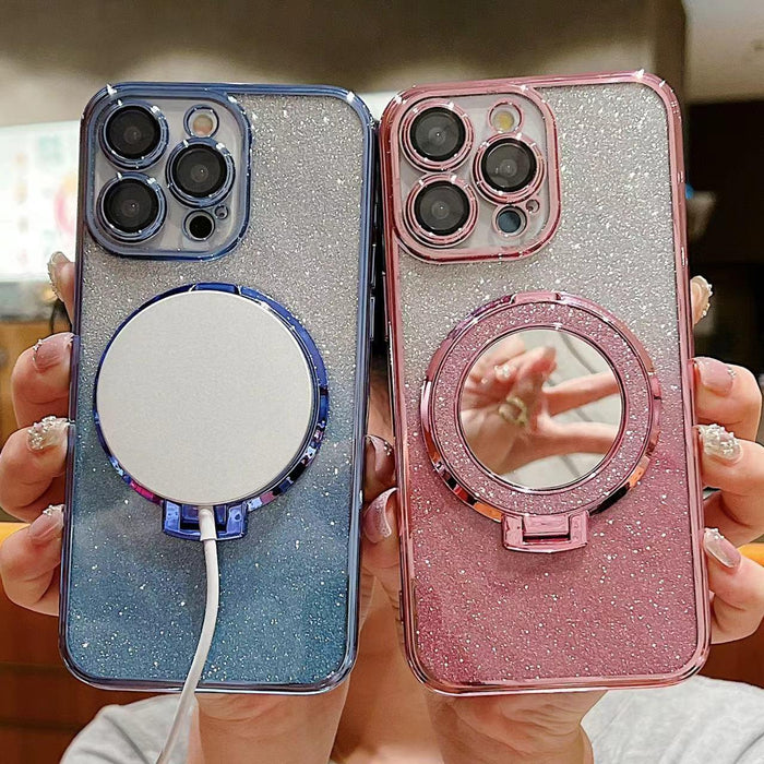 For Iphone 15 Plated Mirror Holder Gradient Glitter Magsafe Phone Case