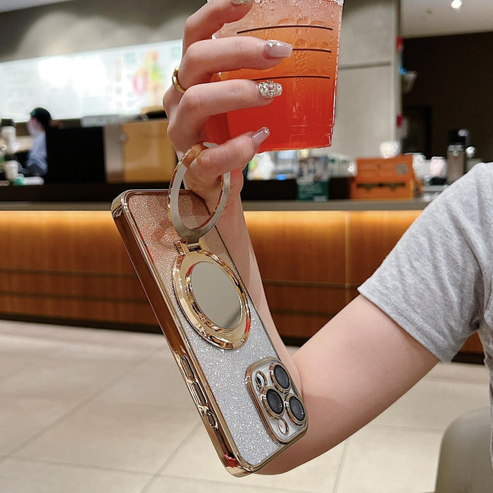 For Iphone 15 Plated Mirror Holder Gradient Glitter Magsafe Phone Case