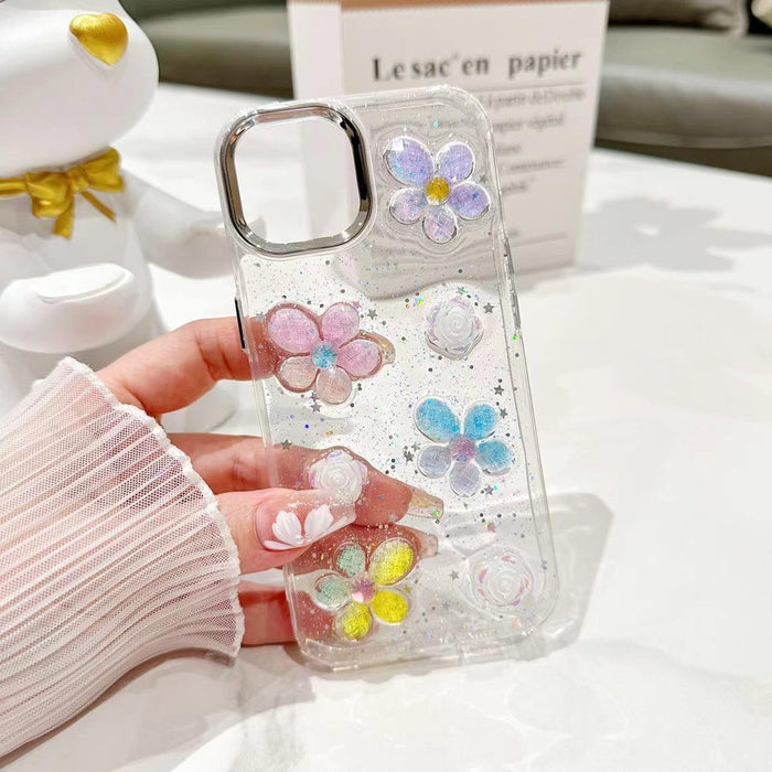 For Iphone 15 3D Flower Glitter Epoxy Tpu Phone Case