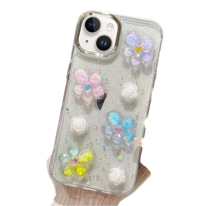 For Iphone 15 3D Flower Glitter Epoxy Tpu Phone Case