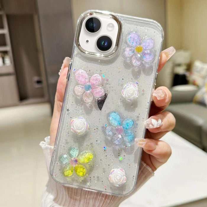 For Iphone 15 3D Flower Glitter Epoxy Tpu Phone Case