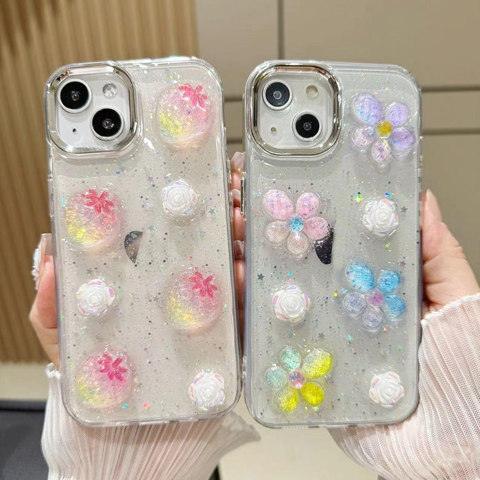 For Iphone 15 3D Flower Glitter Epoxy Tpu Phone Case