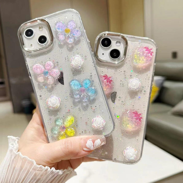 For Iphone 15 3D Flower Glitter Epoxy Tpu Phone Case