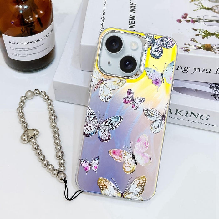 For Iphone 15 Electroplating Laser Butterfly Phone Case With Wrist Strap