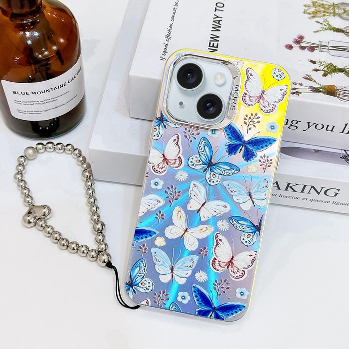 For Iphone 15 Electroplating Laser Butterfly Phone Case With Wrist Strap