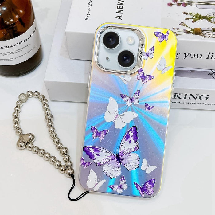 For Iphone 15 Electroplating Laser Butterfly Phone Case With Wrist Strap