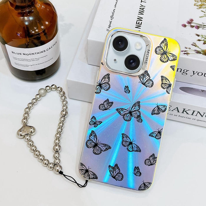 For Iphone 15 Electroplating Laser Butterfly Phone Case With Wrist Strap
