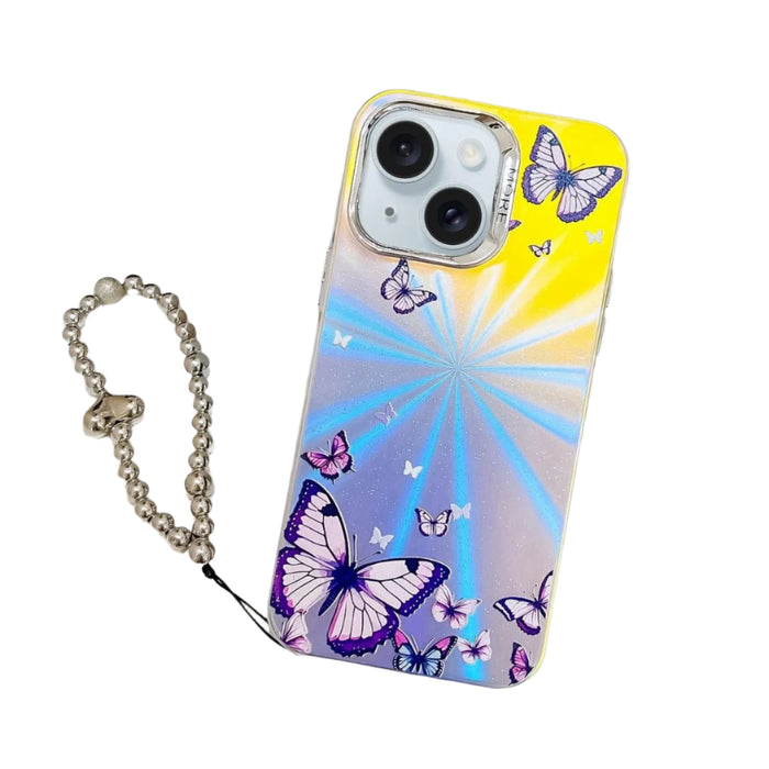 For Iphone 15 Electroplating Laser Butterfly Phone Case With Wrist Strap