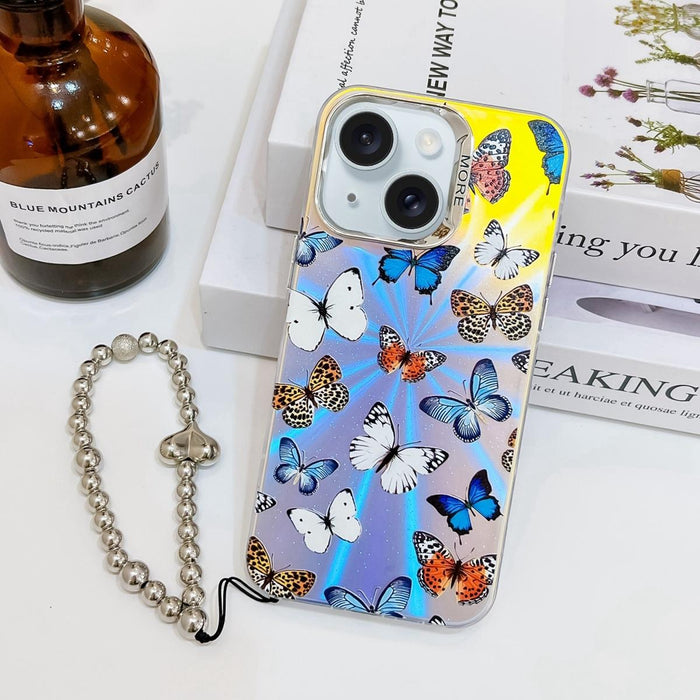 For Iphone 15 Electroplating Laser Butterfly Phone Case With Wrist Strap