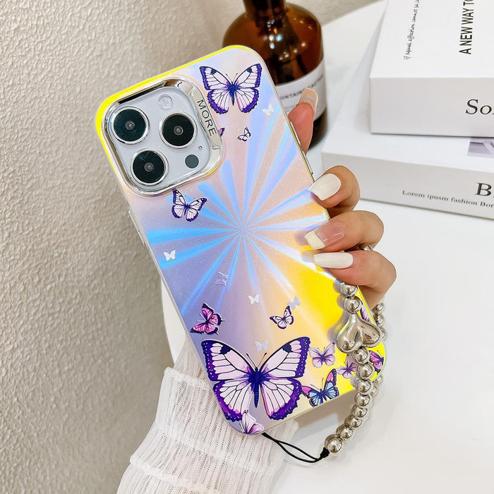 For Iphone 15 Electroplating Laser Butterfly Phone Case With Wrist Strap