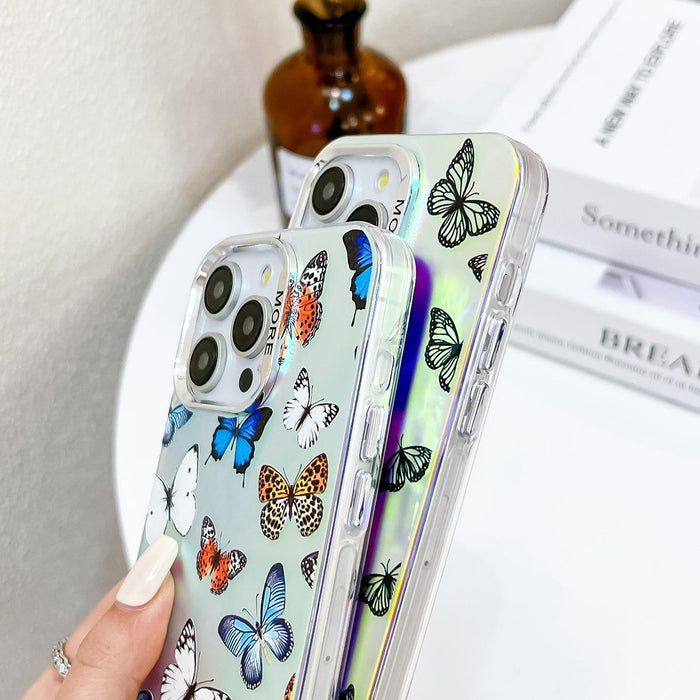 For Iphone 15 Electroplating Laser Butterfly Phone Case With Wrist Strap