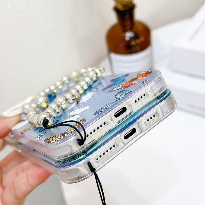 For Iphone 15 Electroplating Laser Butterfly Phone Case With Wrist Strap