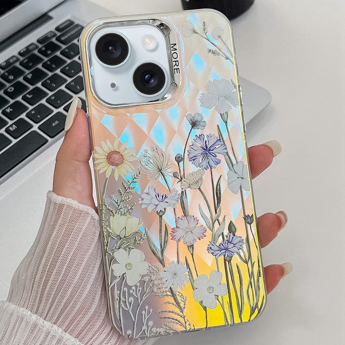 For Iphone 15 Electroplating Laser Flower Texture Tpu Phone Case