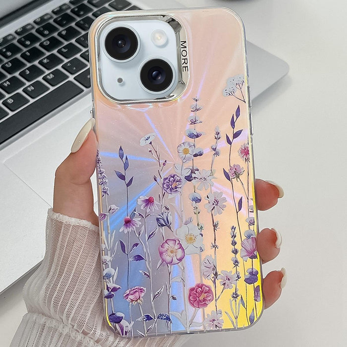 For Iphone 15 Electroplating Laser Flower Texture Tpu Phone Case
