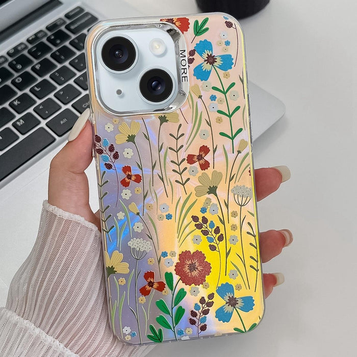For Iphone 15 Electroplating Laser Flower Texture Tpu Phone Case