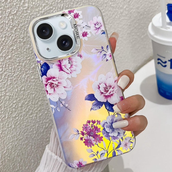 For Iphone 15 Electroplating Laser Flower Texture Tpu Phone Case