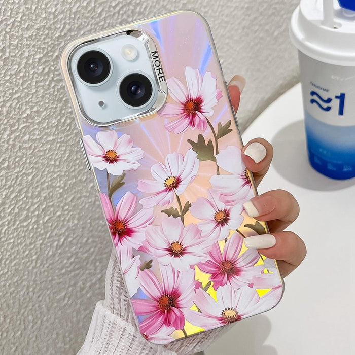For Iphone 15 Electroplating Laser Flower Texture Tpu Phone Case