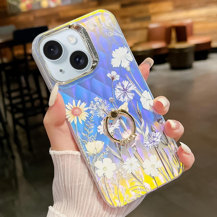 For Iphone 15 Electroplating Laser Flower Ring Holder Tpu Phone Case