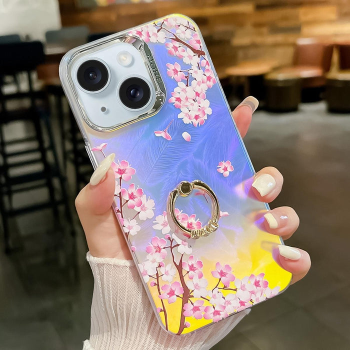 For Iphone 15 Electroplating Laser Flower Ring Holder Tpu Phone Case